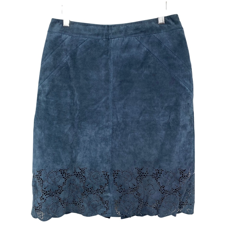 Vintage Newport News Blue Suede Laser‎ Cut Midi Skirt Genuine Leather Size 8 y2k